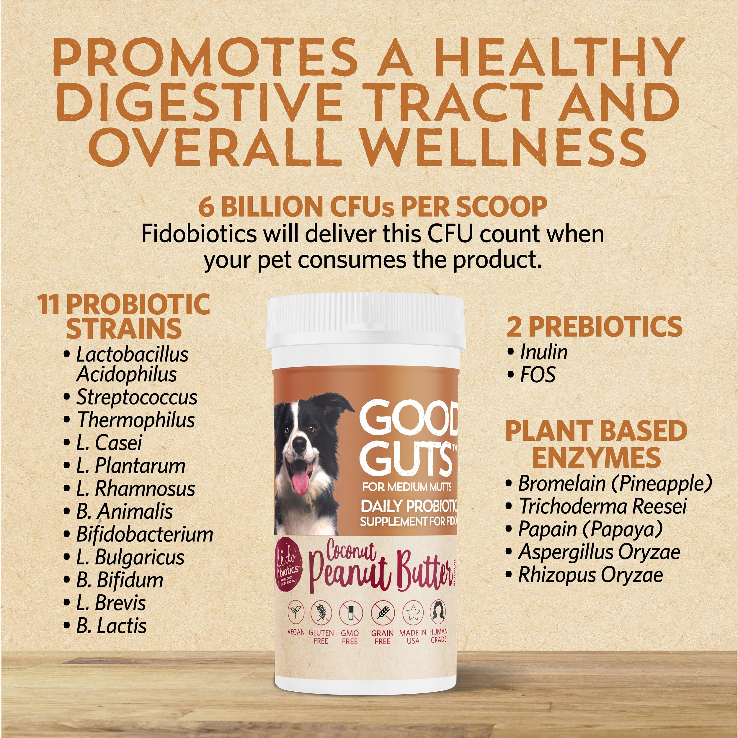 Ingredientes de grado humano en Fidobiotics Good Guts para perros