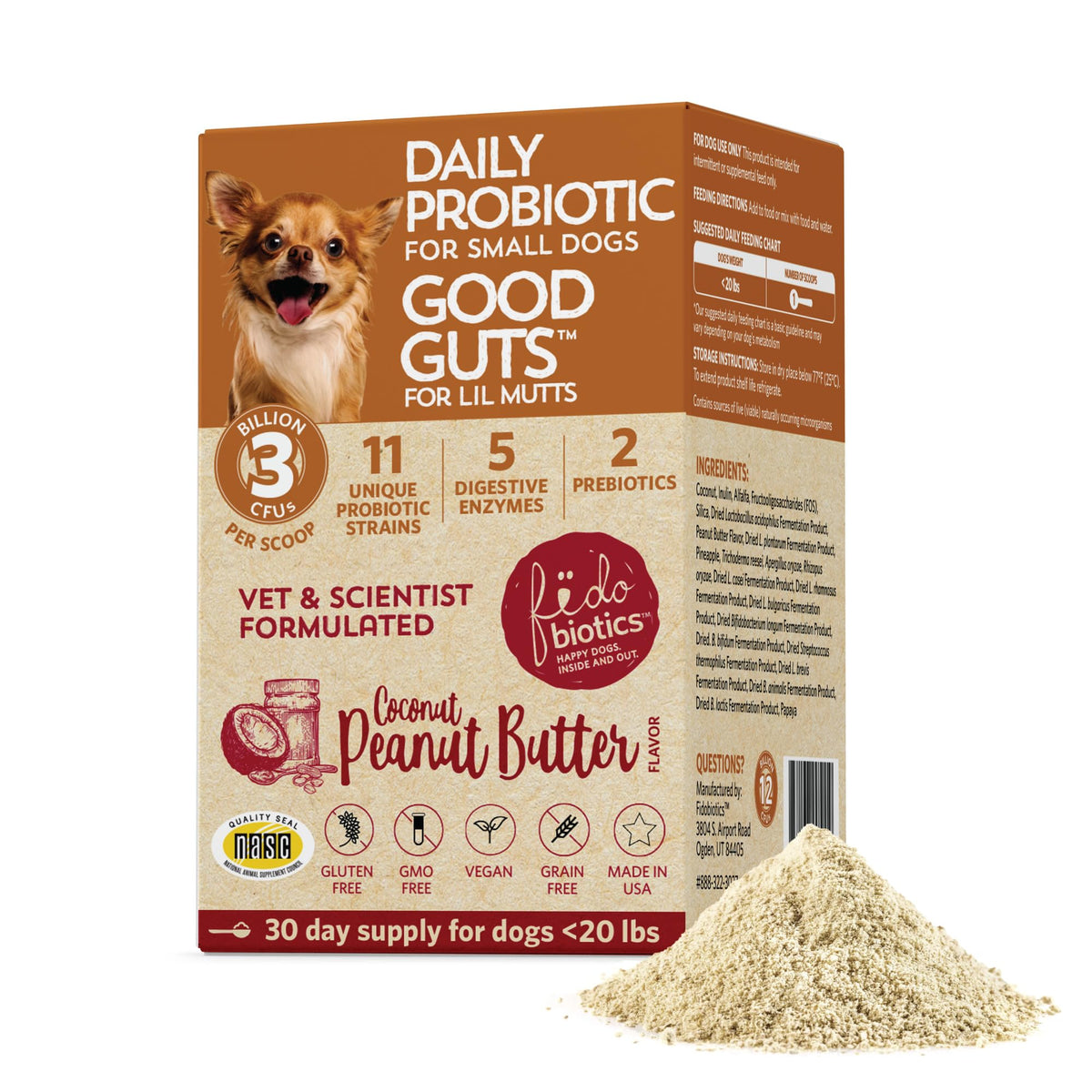 Fidobiotics Good Guts para Lil Mutts, botella de probióticos para perros, apoyo digestivo.
