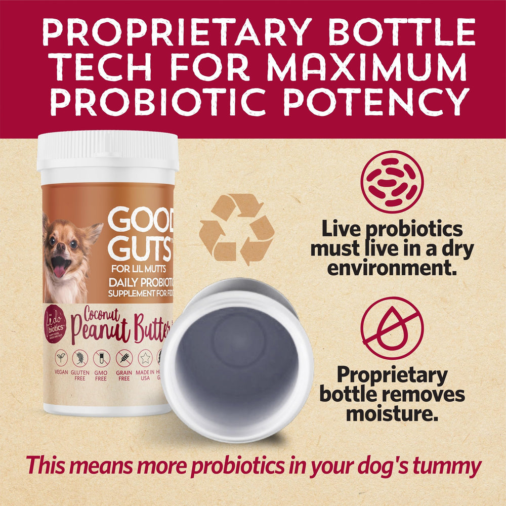 Enzimas digestivas en Fidobiotics Good Guts Lil Mutts para apoyo digestivo.