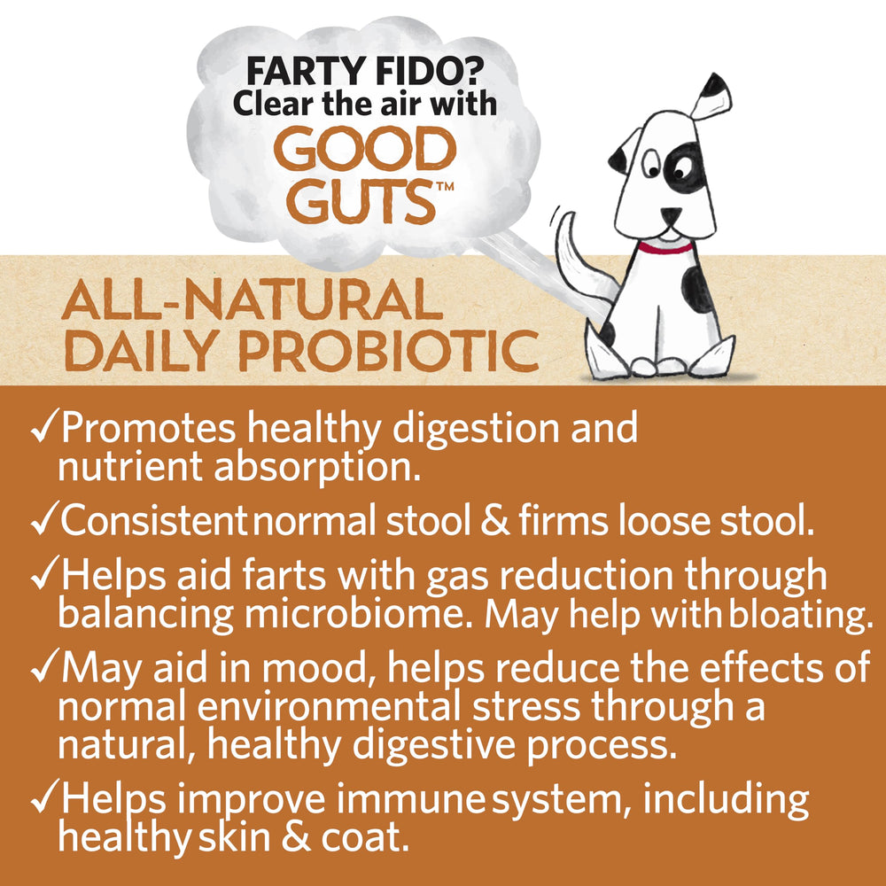 Polvo probiótico para perros Fidobiotics Good Guts Lil Mutts, mejora la digestión diaria.