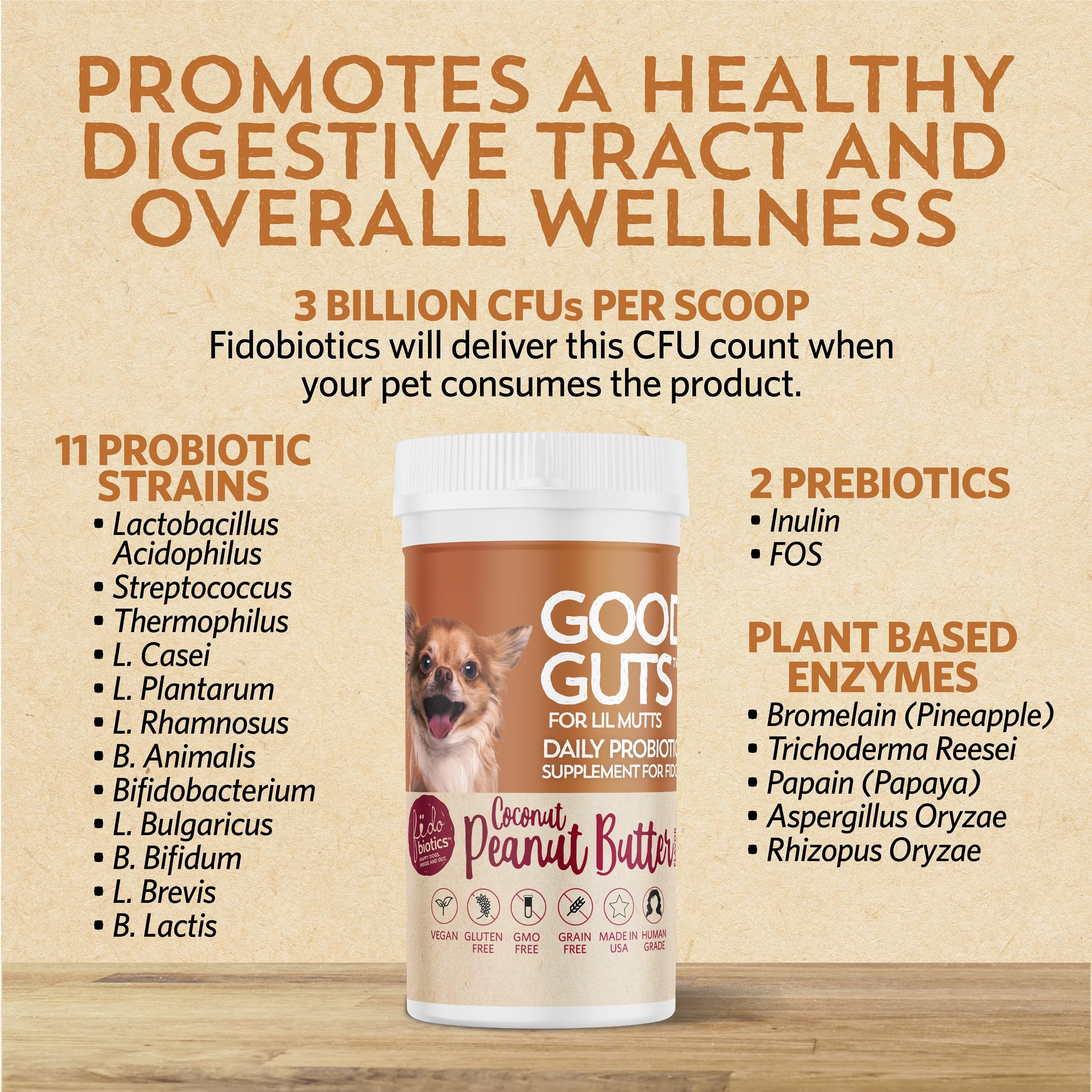 Prebioticos en Fidobiotics Good Guts Lil Mutts que alimentan bacterias beneficiosas.