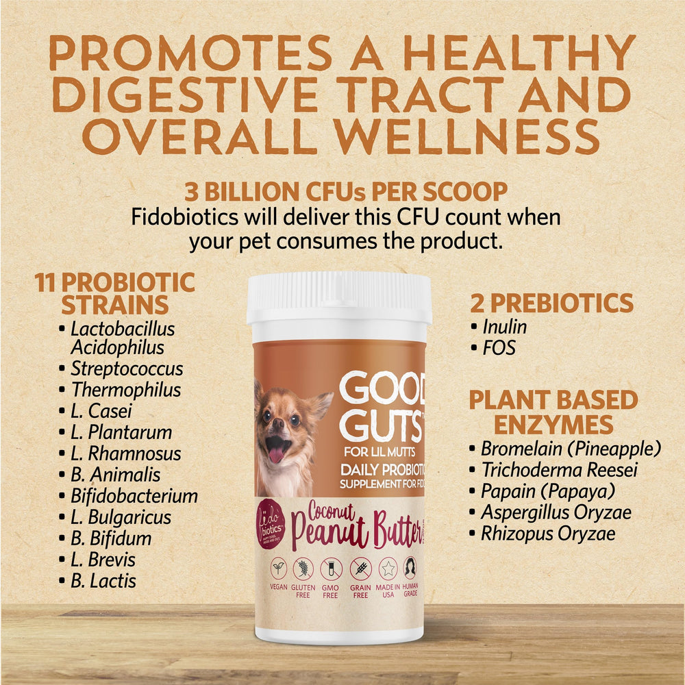 Prebioticos en Fidobiotics Good Guts Lil Mutts que alimentan bacterias beneficiosas.