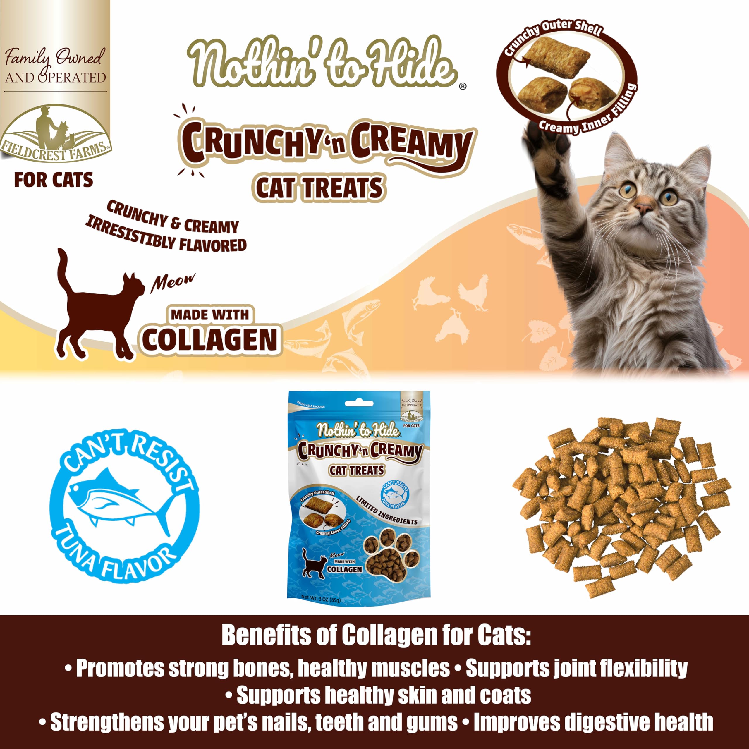 Fieldcrest Farms Nothin’ to Hide: textura doble, experiencia crujiente y cremosa para gatos.