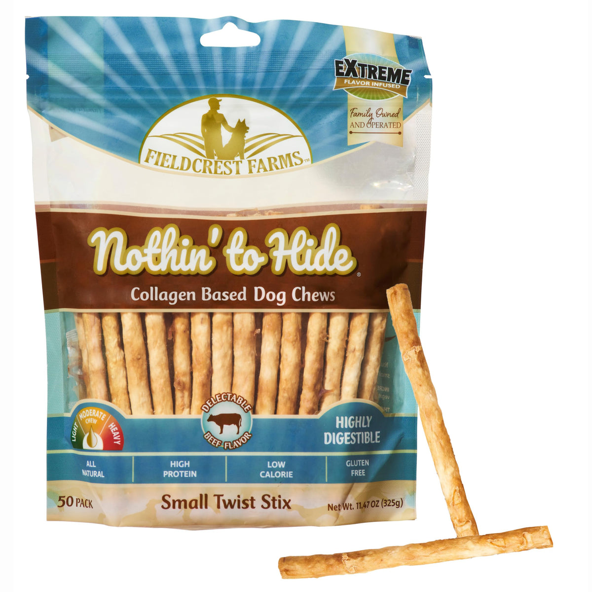 Fieldcrest Farms Nothin' to Hide Twist Stix, empaque claro, ideal para mordedores moderados.