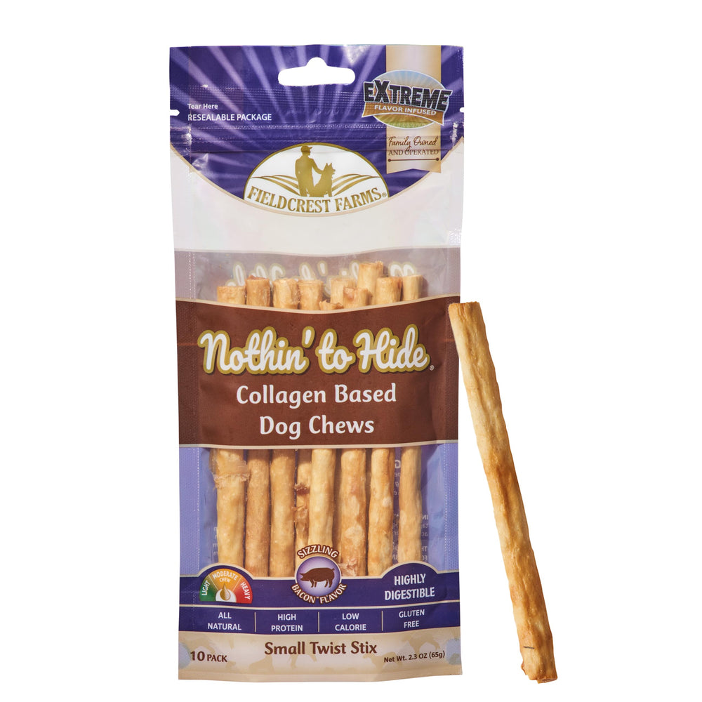 Fieldcrest Farms Nothin' to Hide Twist Stix sabor bacon, envase práctico para recompensas diarias.