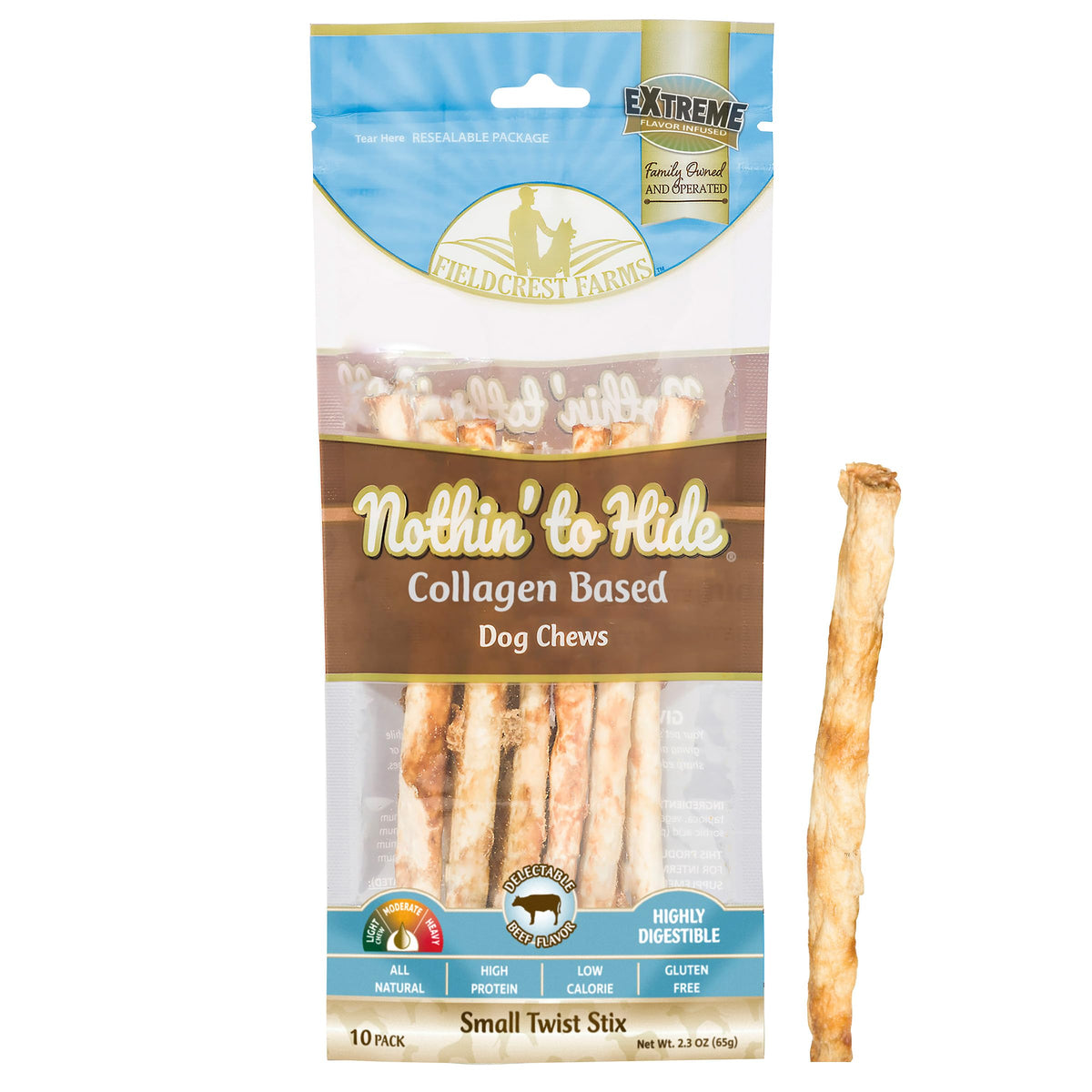 Fieldcrest Farms Nothin' to Hide Twist Stix sabor ternera, empaque práctico para perros pequeños.
