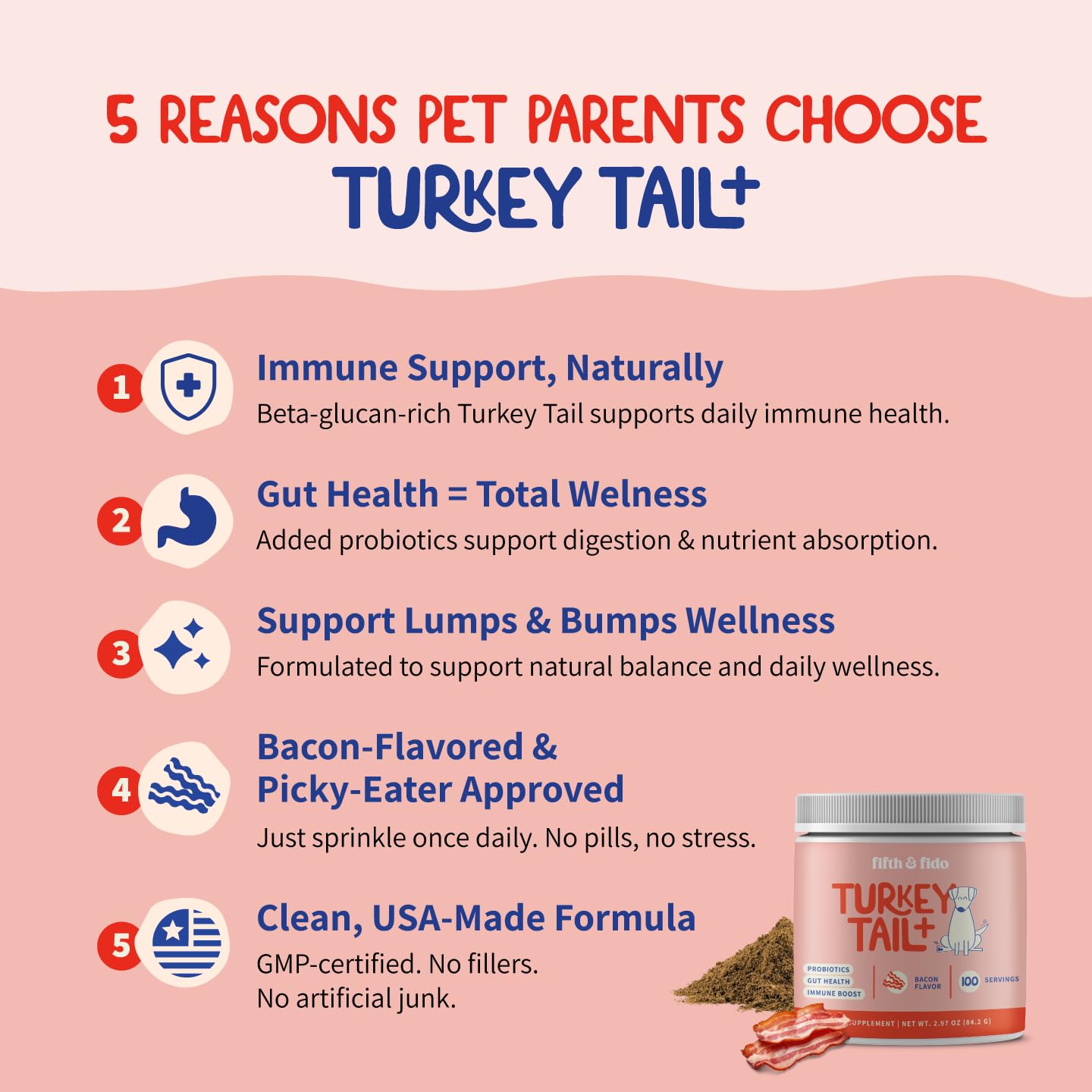 Fifth & Fido probióticos para salud digestiva en perros con hongo cola de pavo.