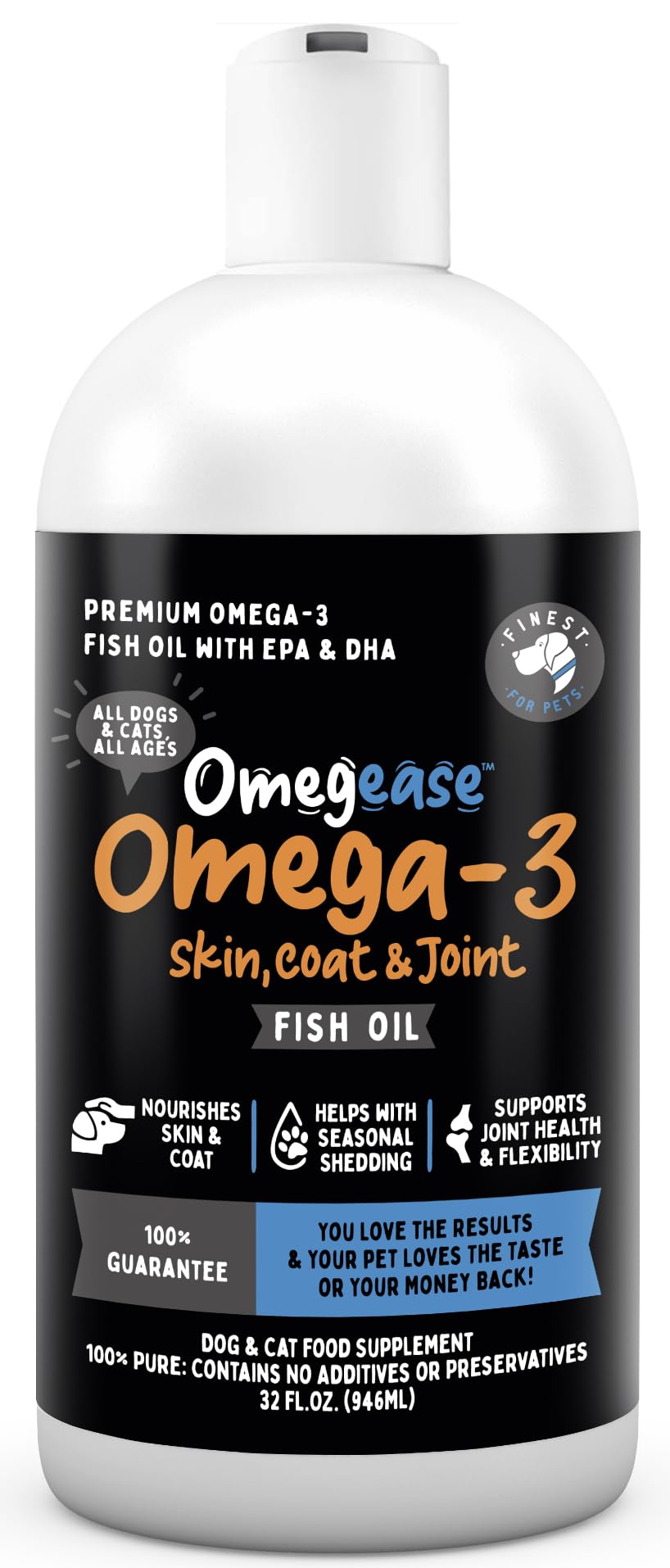 Finest For Pets Aceite de pescado puro en frasco 32oz para apoyar piel y pelaje