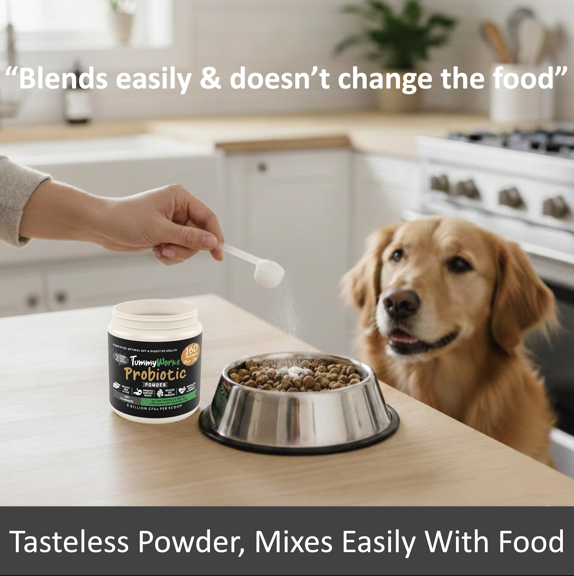 Mezcla TummyWorks en la comida de perros y gatos.