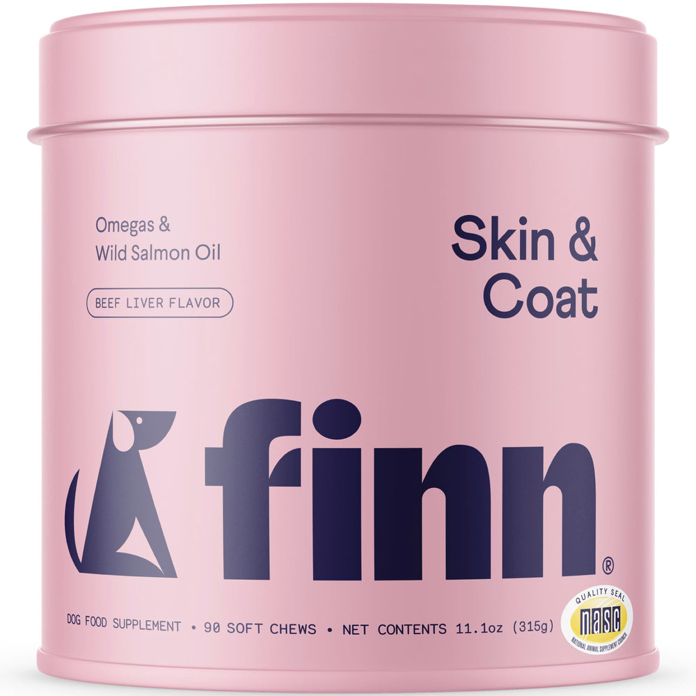Finn aceites de salmón para perros en frasco con brillo y salud de pelaje