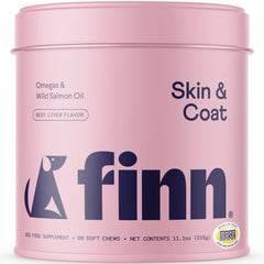 Finn aceites de salmón para perros en frasco con brillo y salud de pelaje