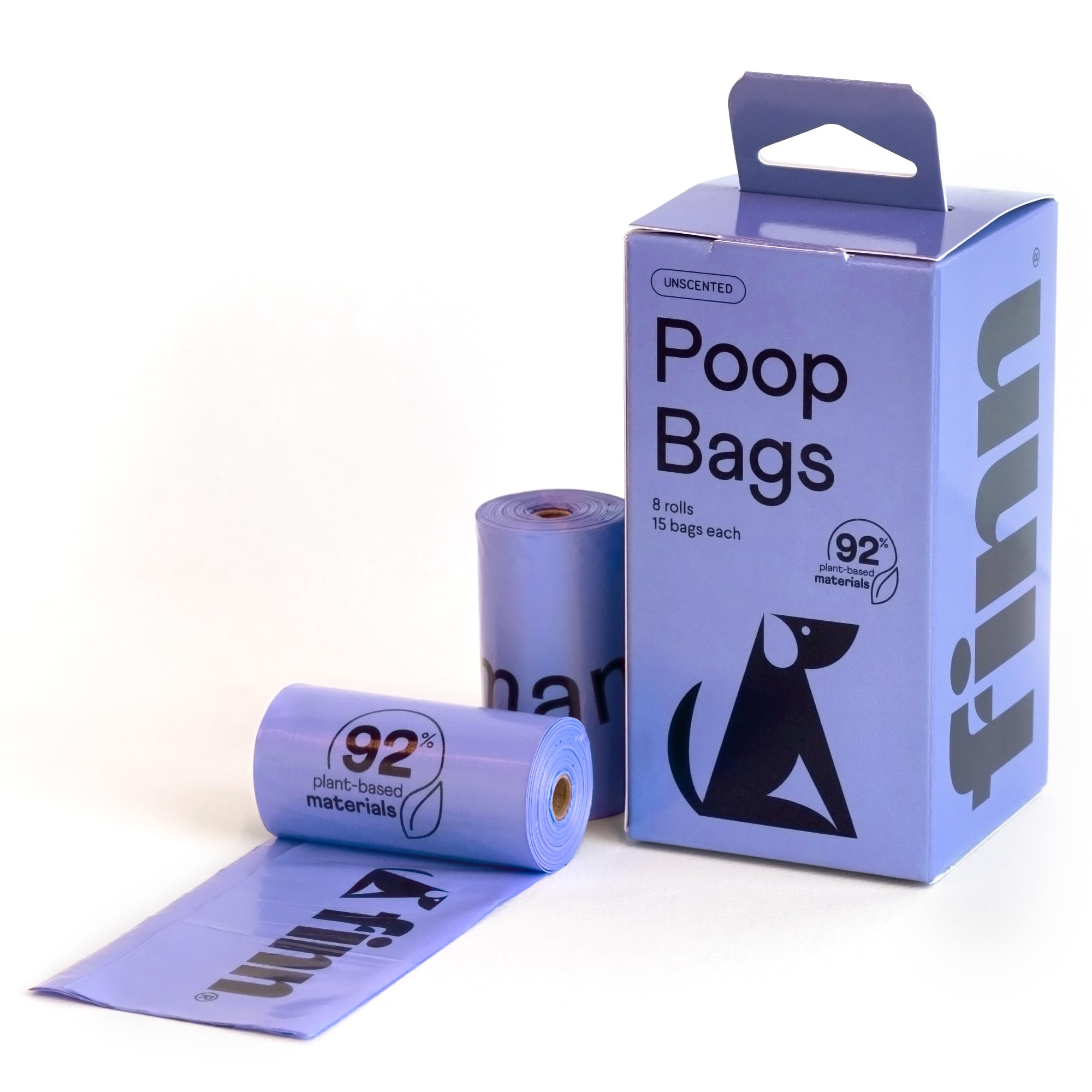 Bolsas Finn biobasadas 92% para desechos caninos, fuerte y sostenible.