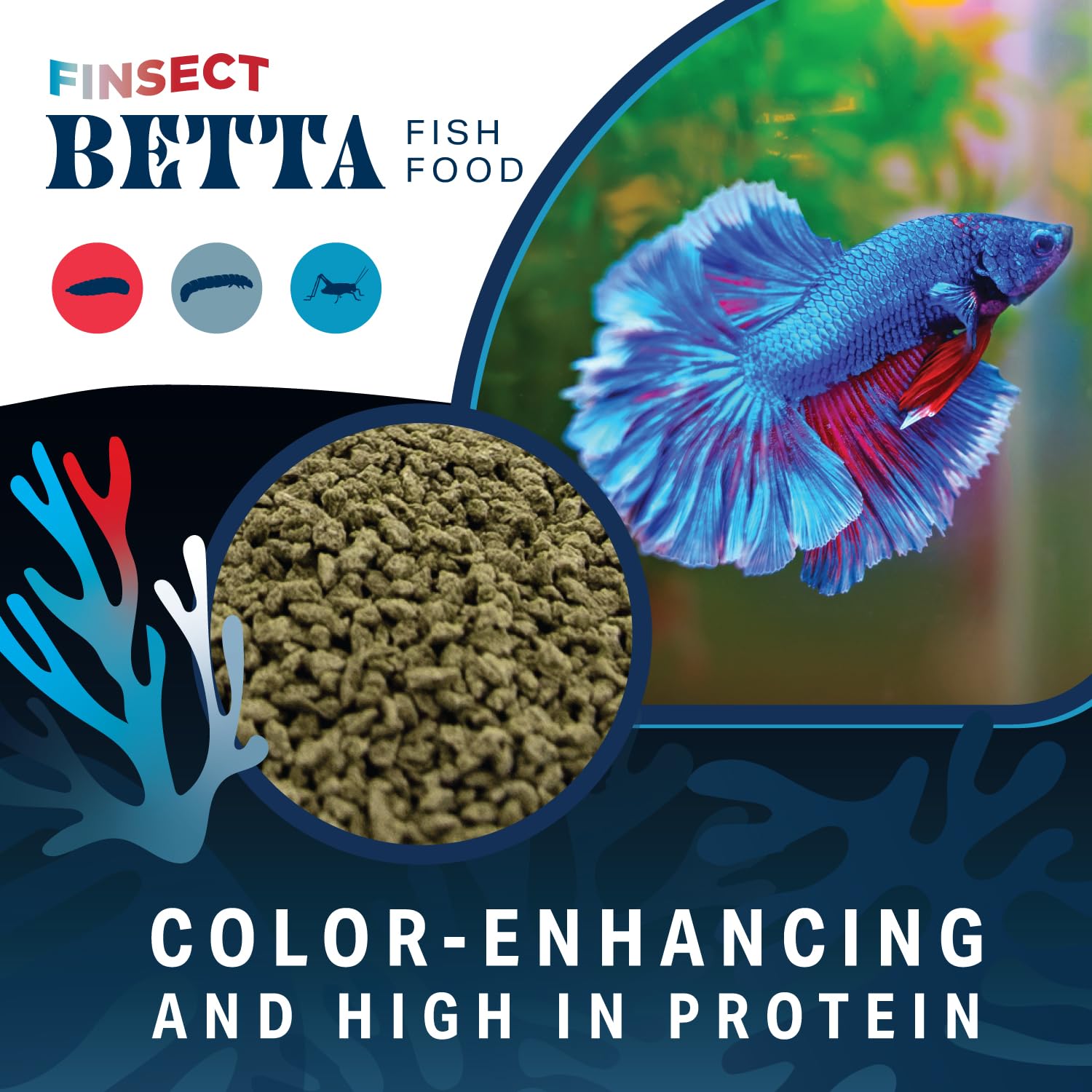 Proteína alta de insectos en Finsect Betta Food Crumbles para crecimiento saludable.