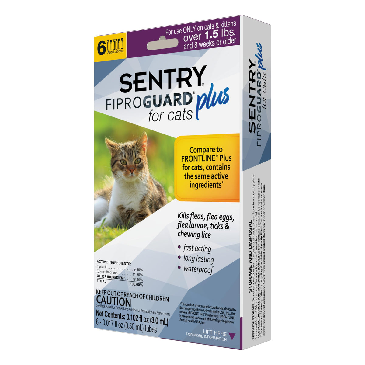 Fiproguard para gatos: aplicación en piel seca entre omóplatos para control de pulgas y garrapatas.