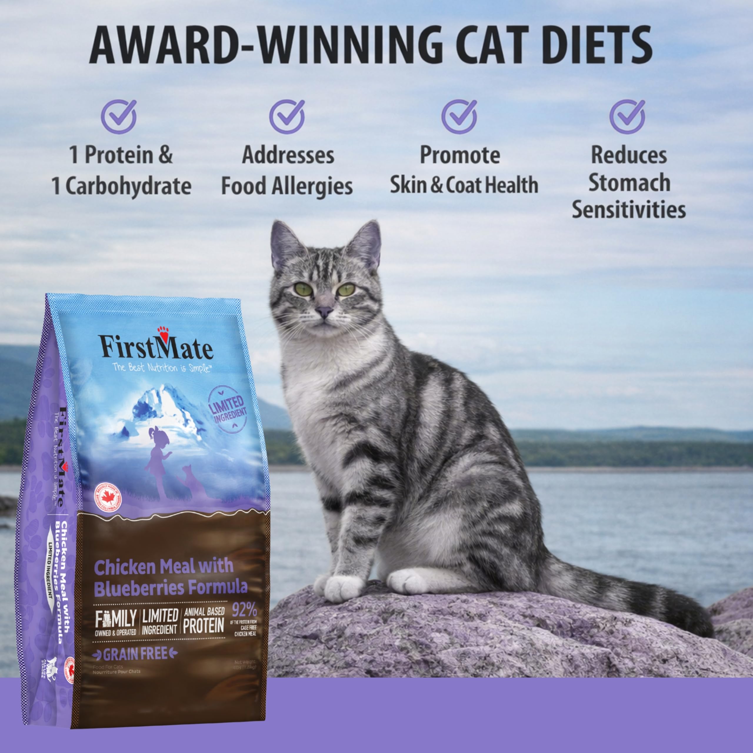 FirstMate pollo-sin-granos-arandanos-sin-guisantes, fórmula apta para gatos sensibles.