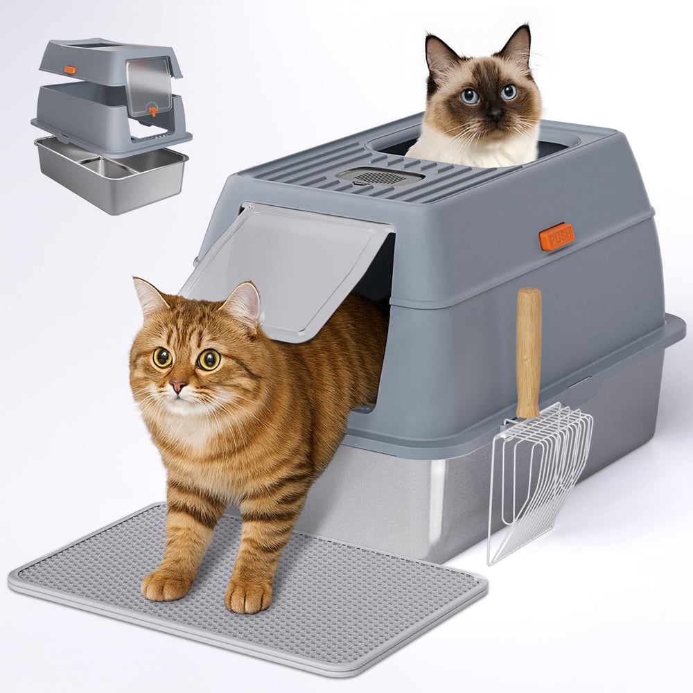 fitrobust caja-litter acero inoxidable, vista frontal, amplio espacio para gatos grandes