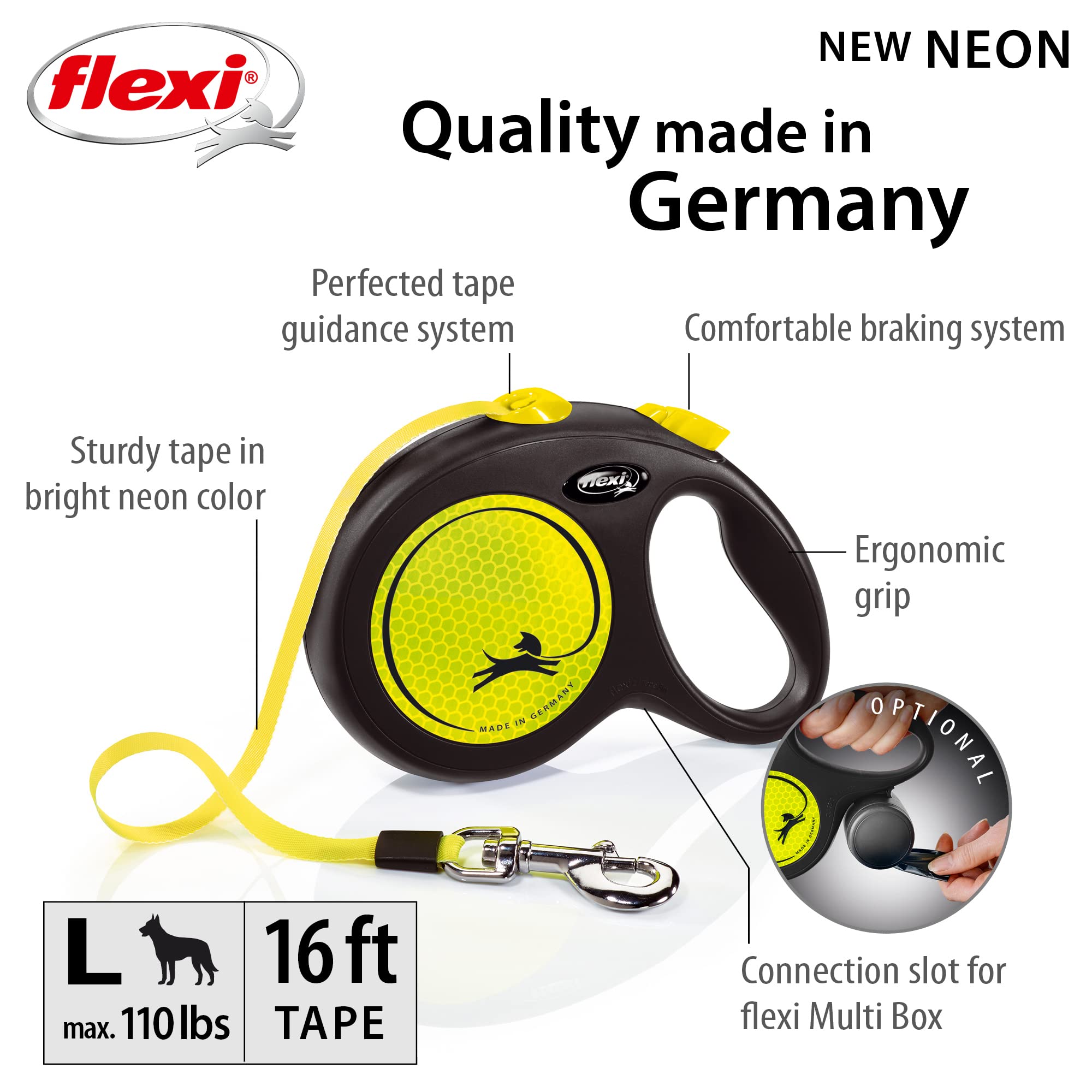 FLEXI sistema anti enredos de cinta 360° para paseos sin nudos.