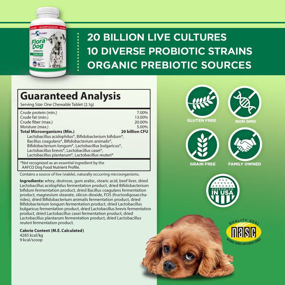 Vital Planet Flora Dog ofrece 20 mil millones de culturas para la salud intestinal.