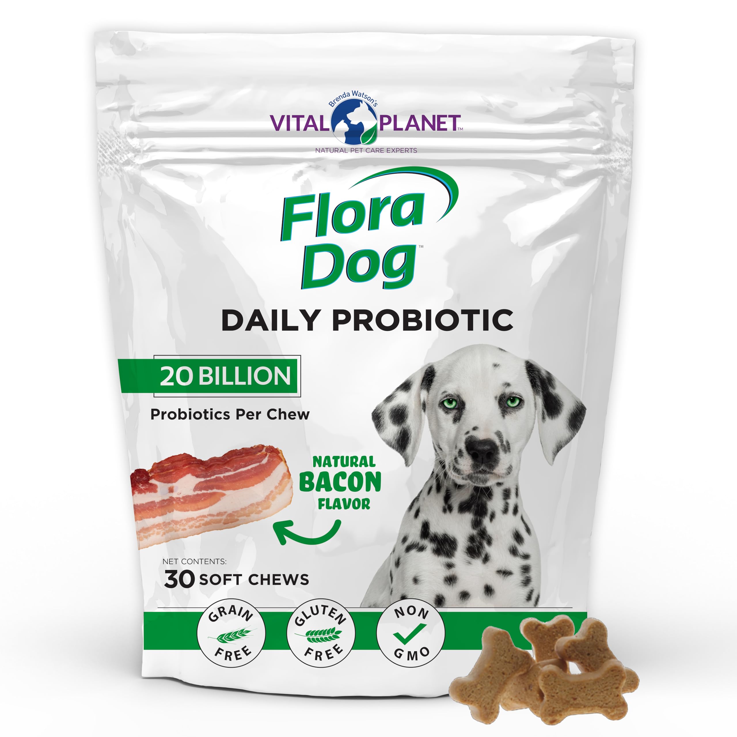 Vital Planet Flora Dog Probióticos, gomitas suaves sabor tocino para digestión diaria