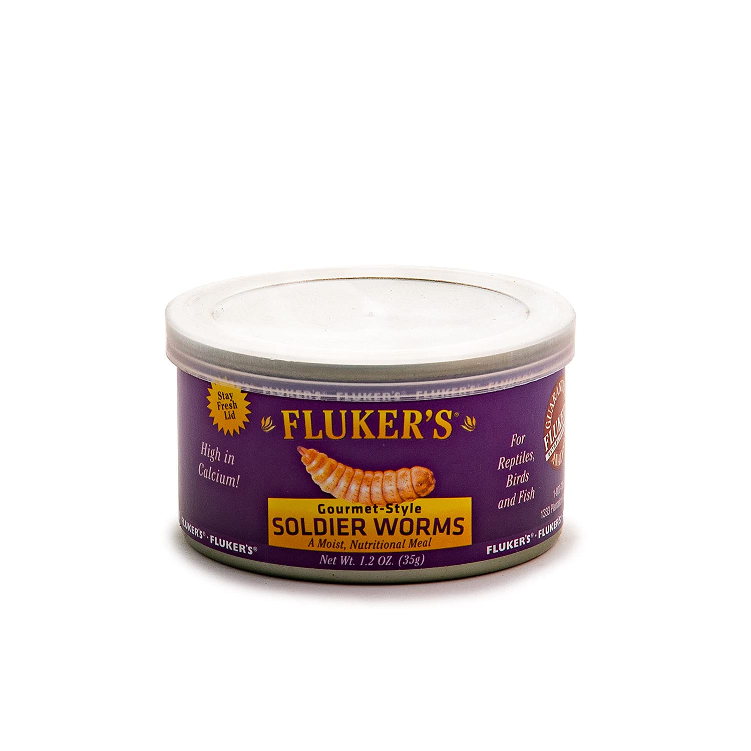 Fluker's Gourmet gusano soldado en lata 1-2oz, nutrición práctica para reptiles.