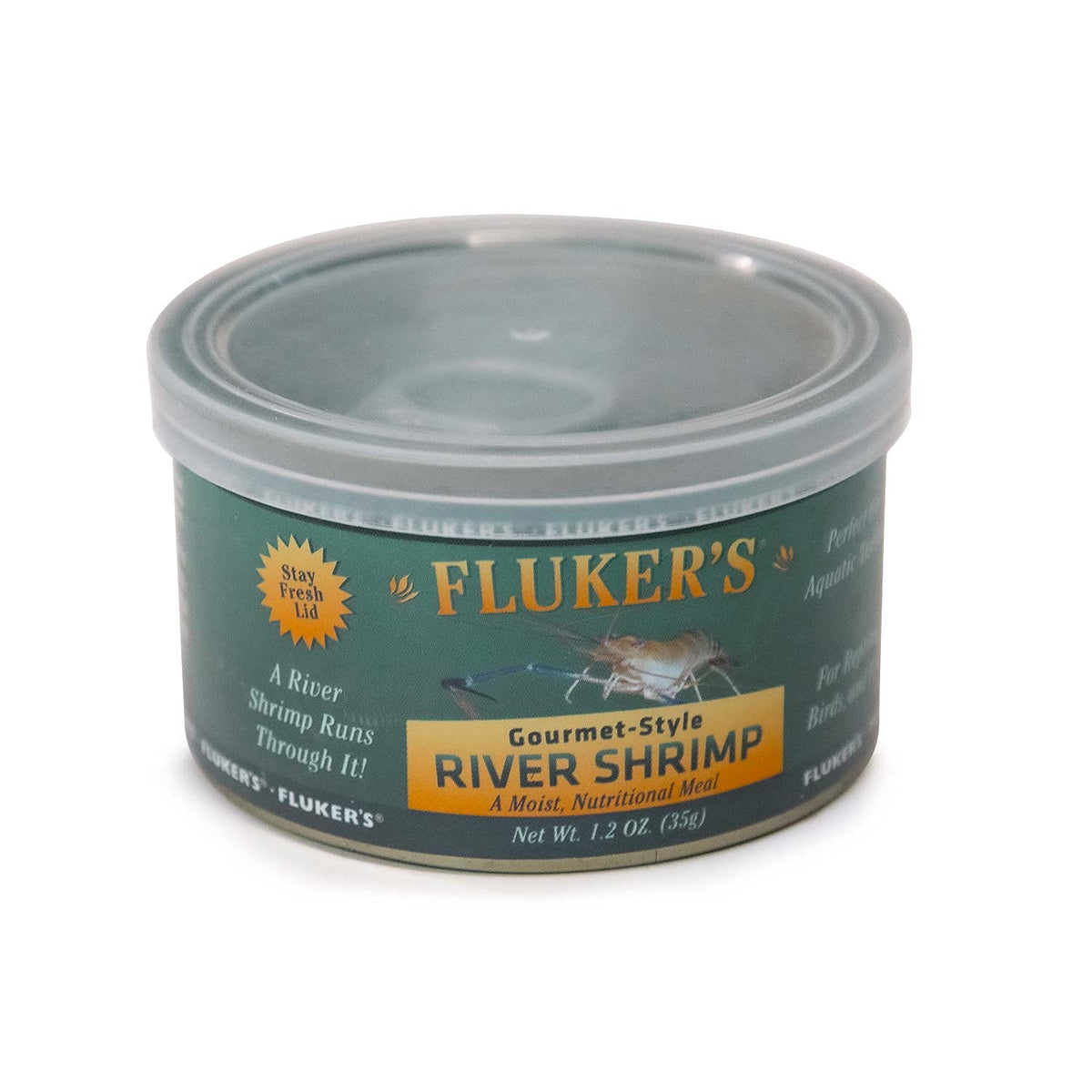 Fluker's Gourmet en lata con camarones del río, opción conveniente para mascotas.