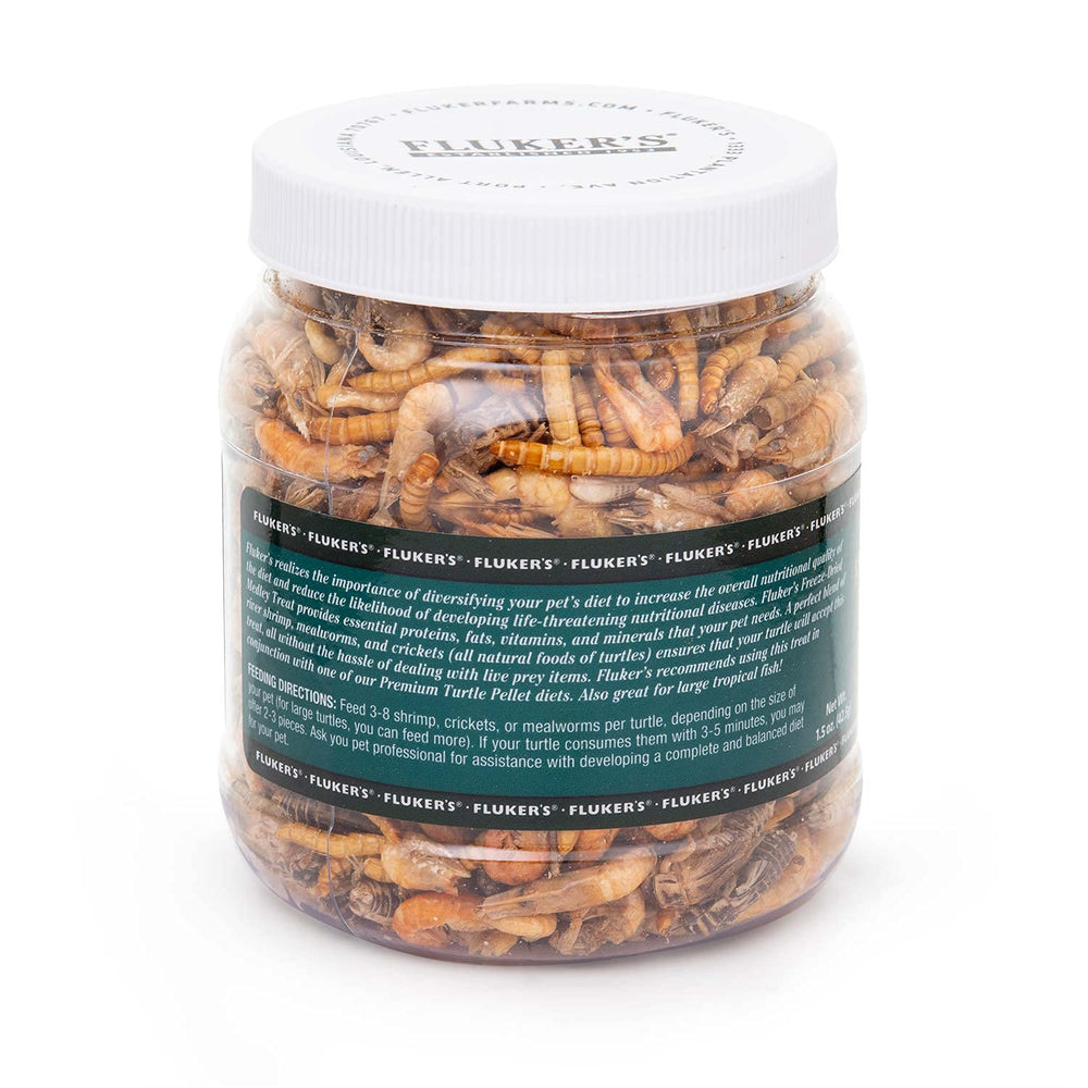 Mezcla liofilizada de camarón de río, gusanos y grillos para variedad nutricional.