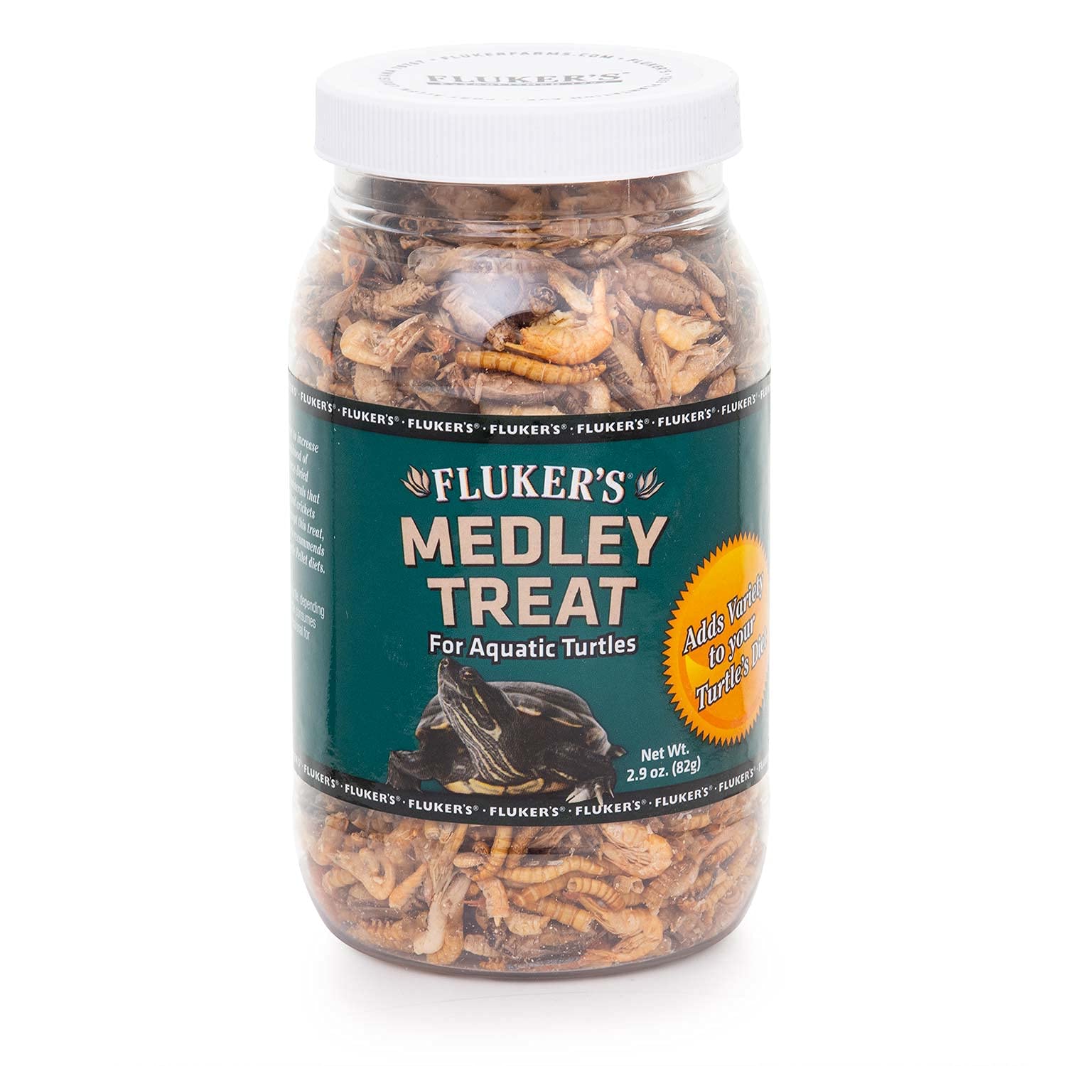 Envase cerrado de Fluker's Medley para tortugas acuáticas, fácil de almacenar.