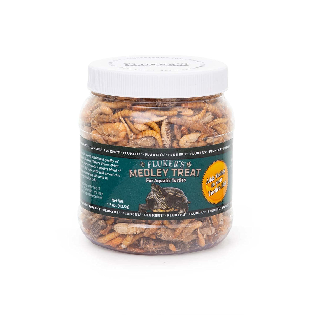 Frasco de Fluker's Medley para tortugas acuáticas, alimento práctico y nutritivo.