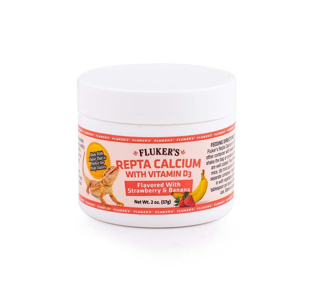 Frasco de Fluker's Repta Calcium sabor fresa-plátano para reptiles, favorece la absorción de calcio.