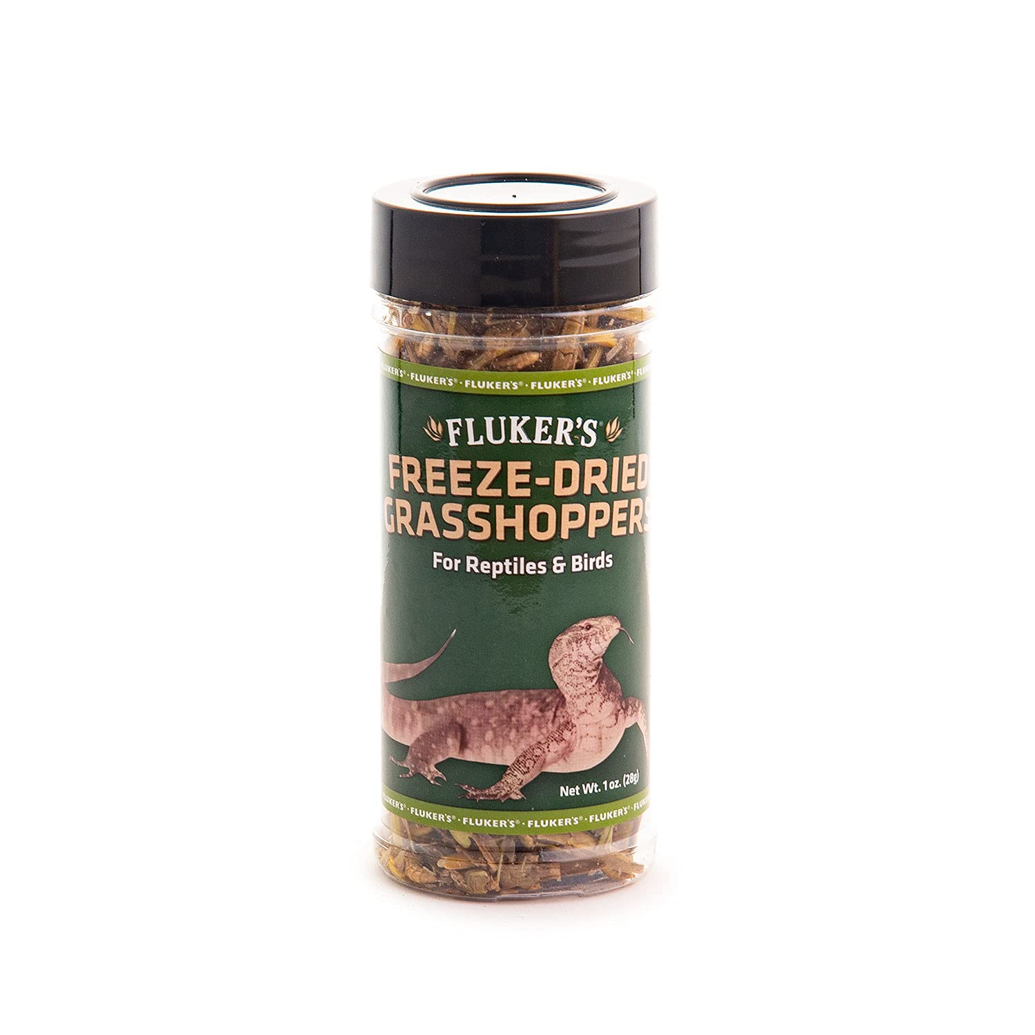 Fluker's saltamontes secos en envase hermético para conservar frescura y nutrientes.