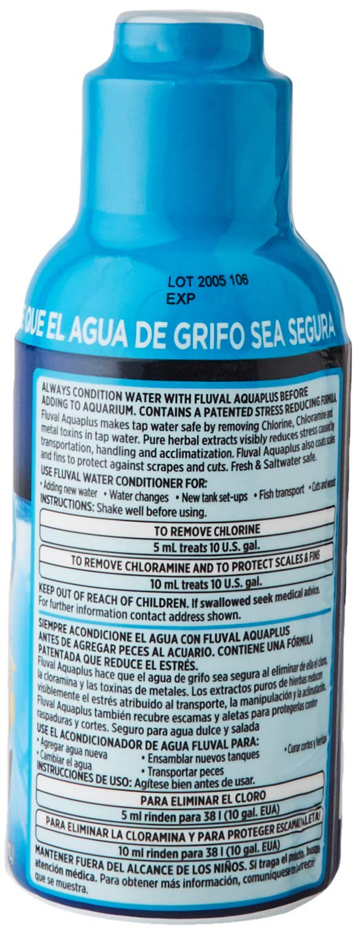 Fluval Acondicionador de Agua, etiqueta clara, facilita el uso seguro en acuarios.