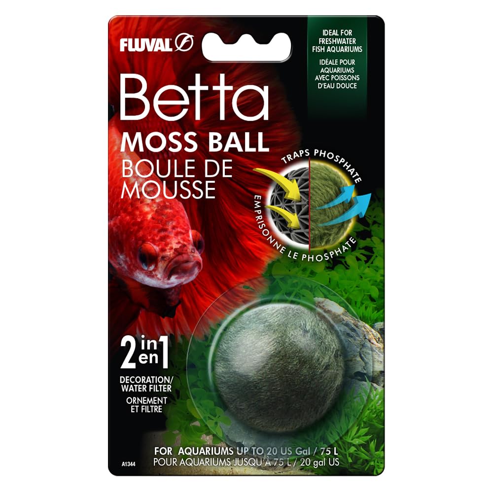 Fluval Betta Moss Ball, planta artificial, aporta estética y ayuda a gestionar desechos en acuarios.