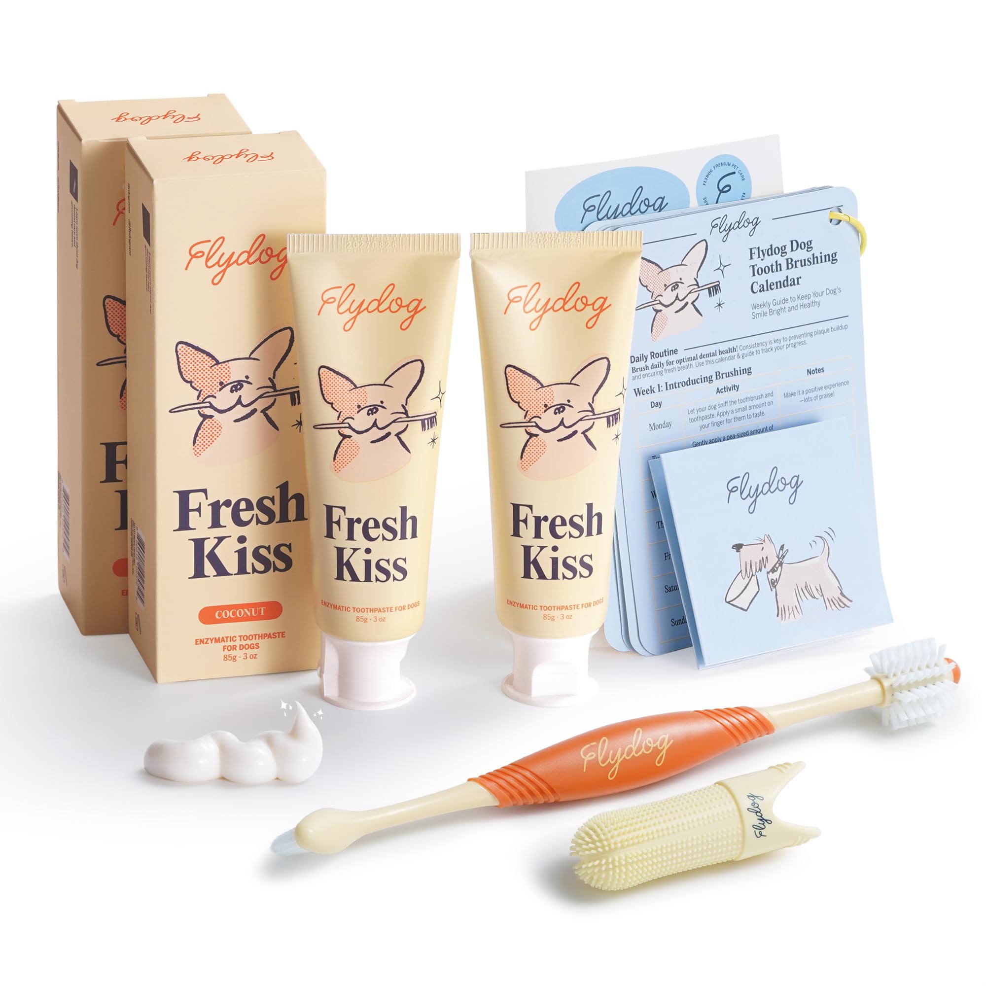 Kit FlyDog Fresh Kiss completo para perros, ideal para higiene bucal diaria.