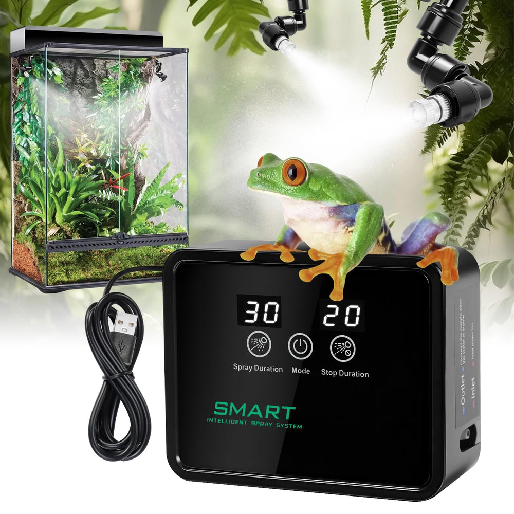 FMATOZ humidificador para reptiles con boquillas 360° mostrando cobertura total del terrario, ideal para mantener la humedad.