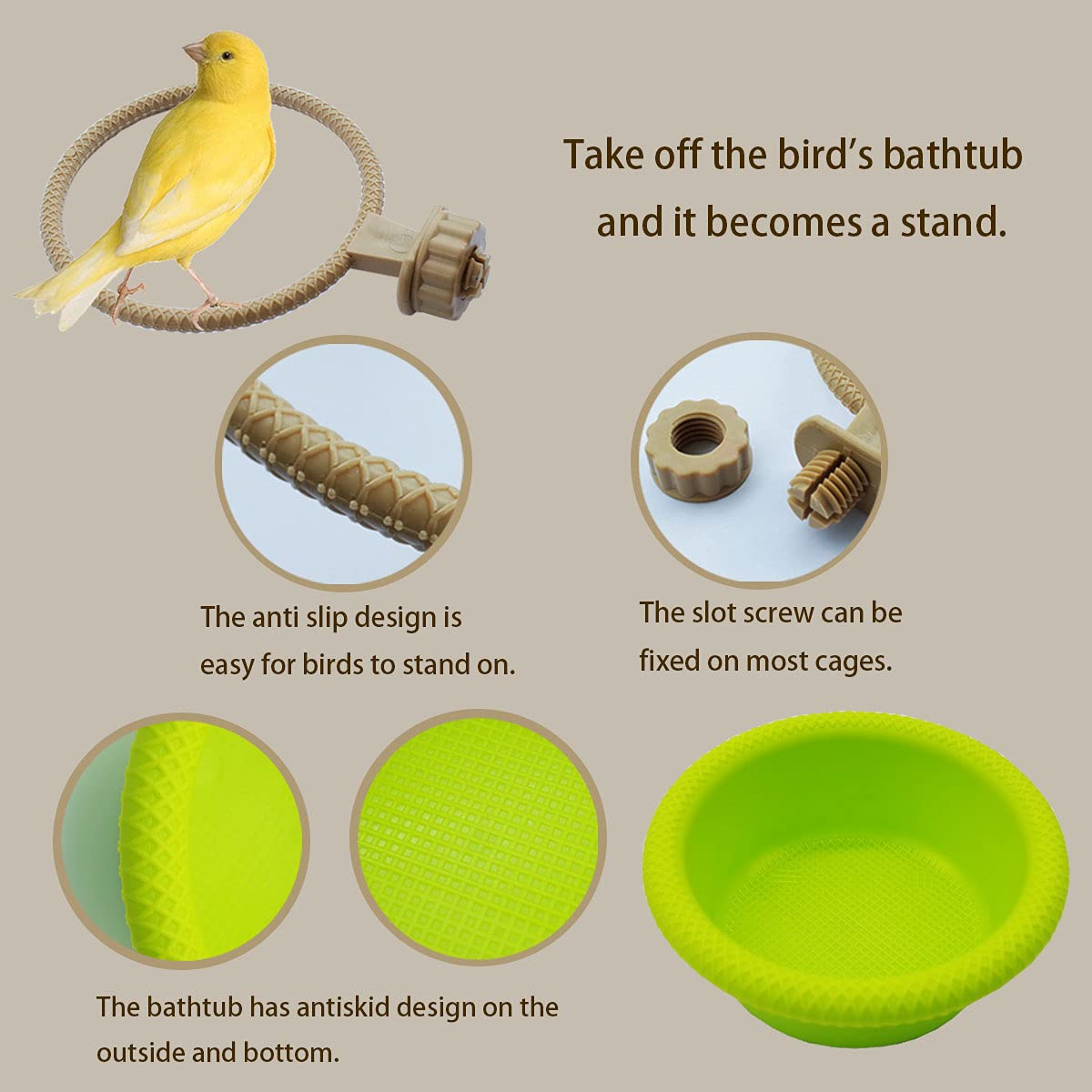 FOIBURELY baño multifunción para aves, vista lateral, facilita limpieza y higiene.