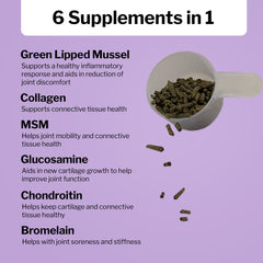Formula 707 etiqueta muestra glucosamina, mejillón verde y colágeno