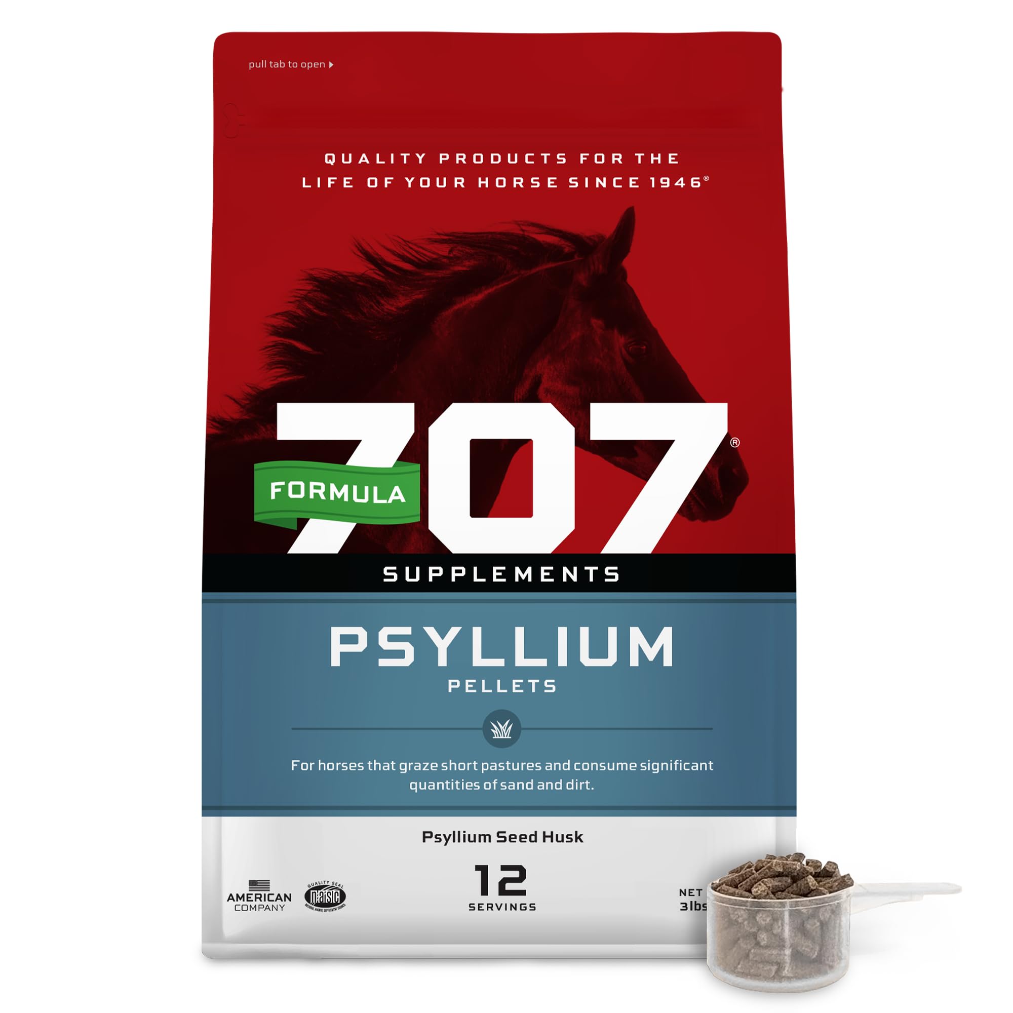 Formula 707 Psyllium Pellets, bolsa de 3 lb, alimentación fácil y estable.