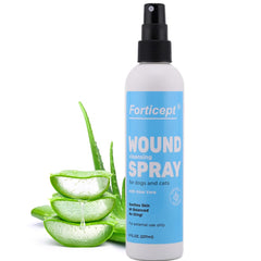 Forticept Hot Spot Spray en botella de 8 oz para alivio de irritaciones cutáneas en mascotas.