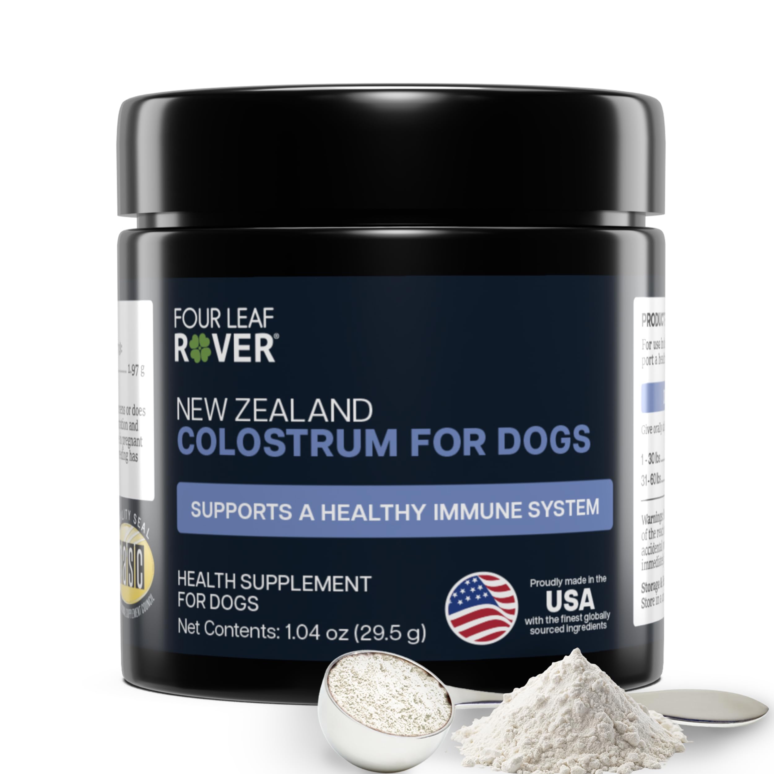 Four Leaf Rover colostrum para perros, botella lista para uso diario.
