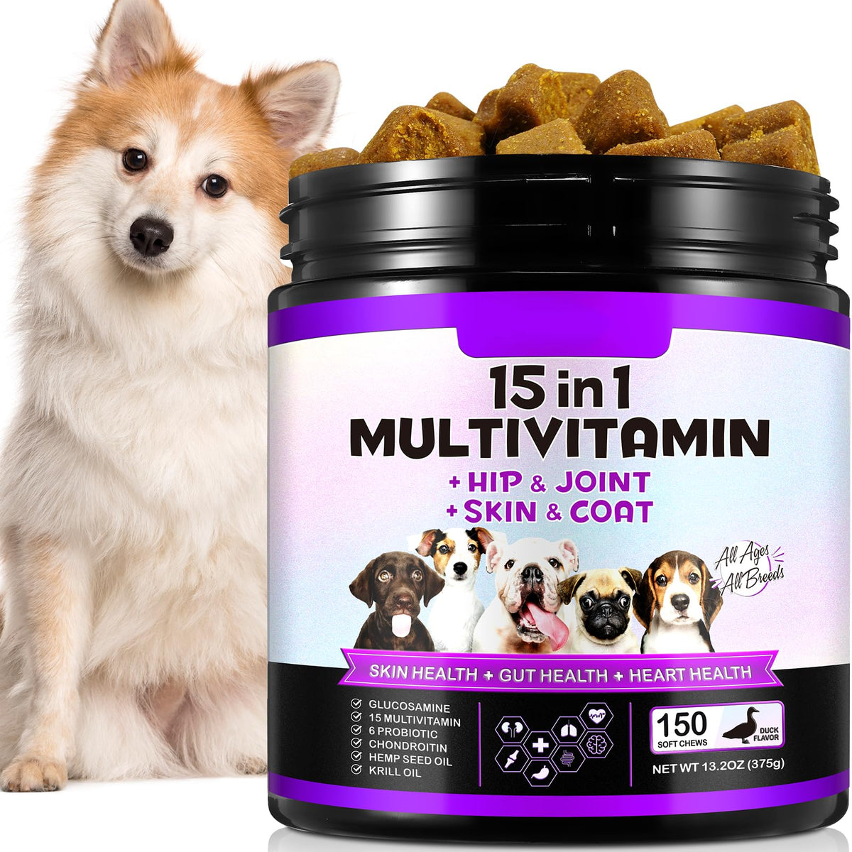FRDUGA multivitamínico para perros sabor pato en bote, posibilidad de apoyo general