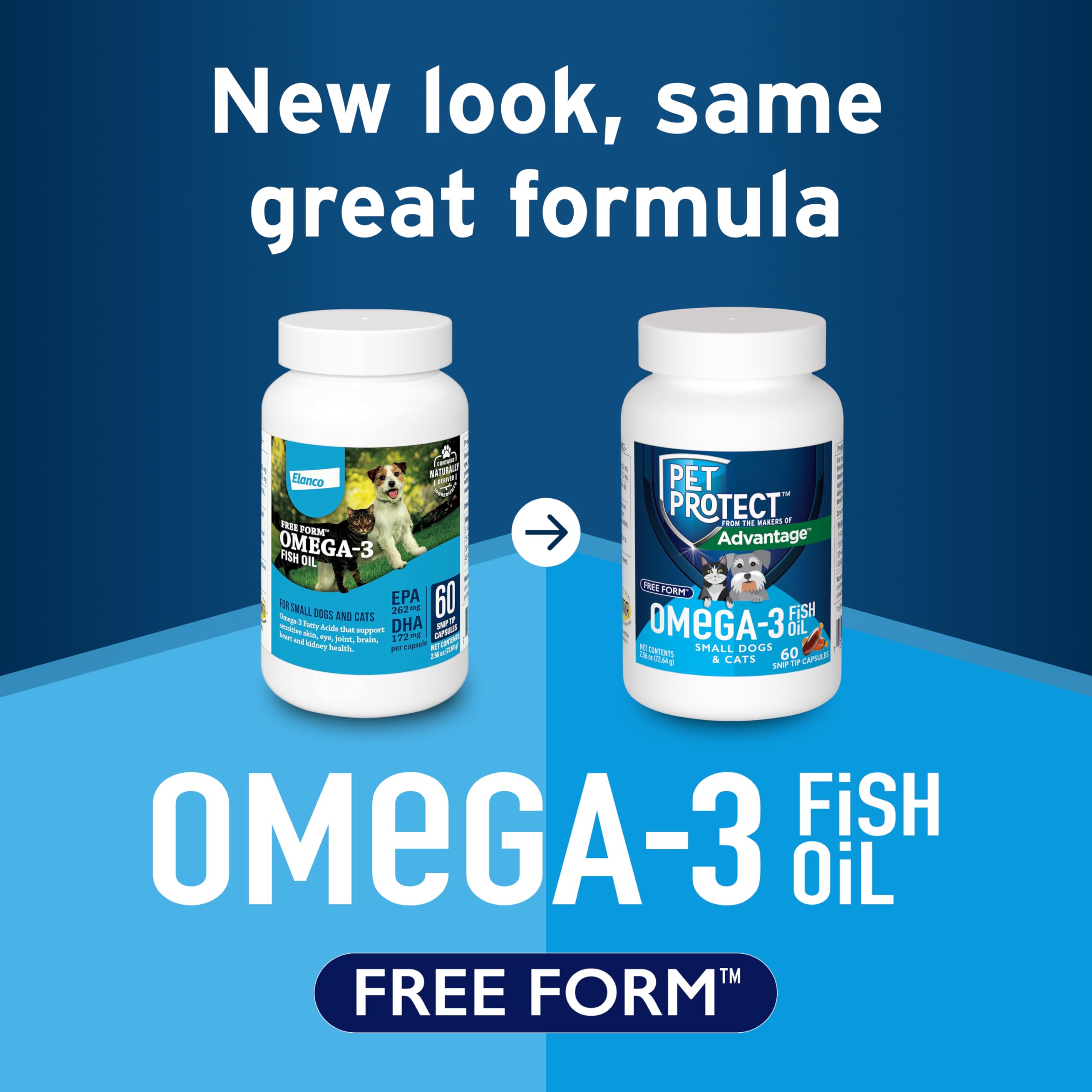 Free Form Omega-3 promueve dosis flexibles para perros y gatos pequeños.