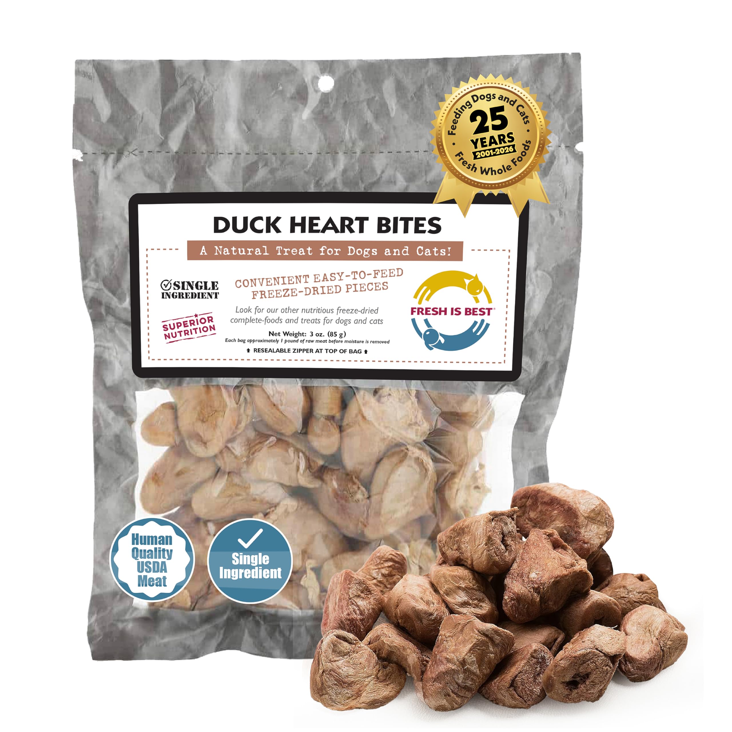 Fresh Is Best: corazón de pato liofilizado en bolsa de cierre hermético para perros y gatos.
