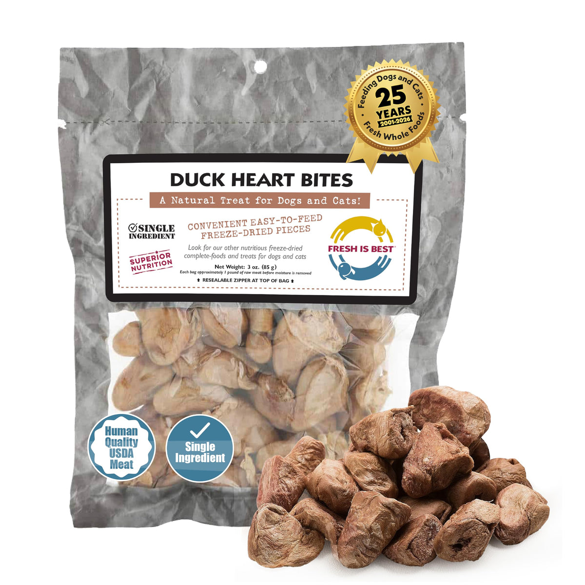 Fresh Is Best: corazón de pato liofilizado en bolsa de cierre hermético para perros y gatos.