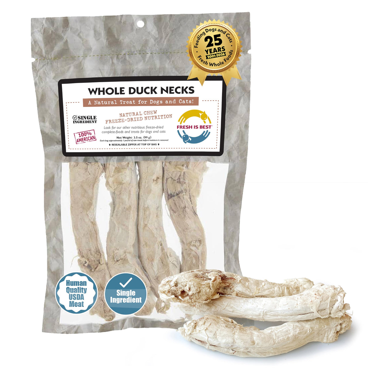 Fresh Is Best cuellos de pato liofilizados, snack alto en proteína para perros.