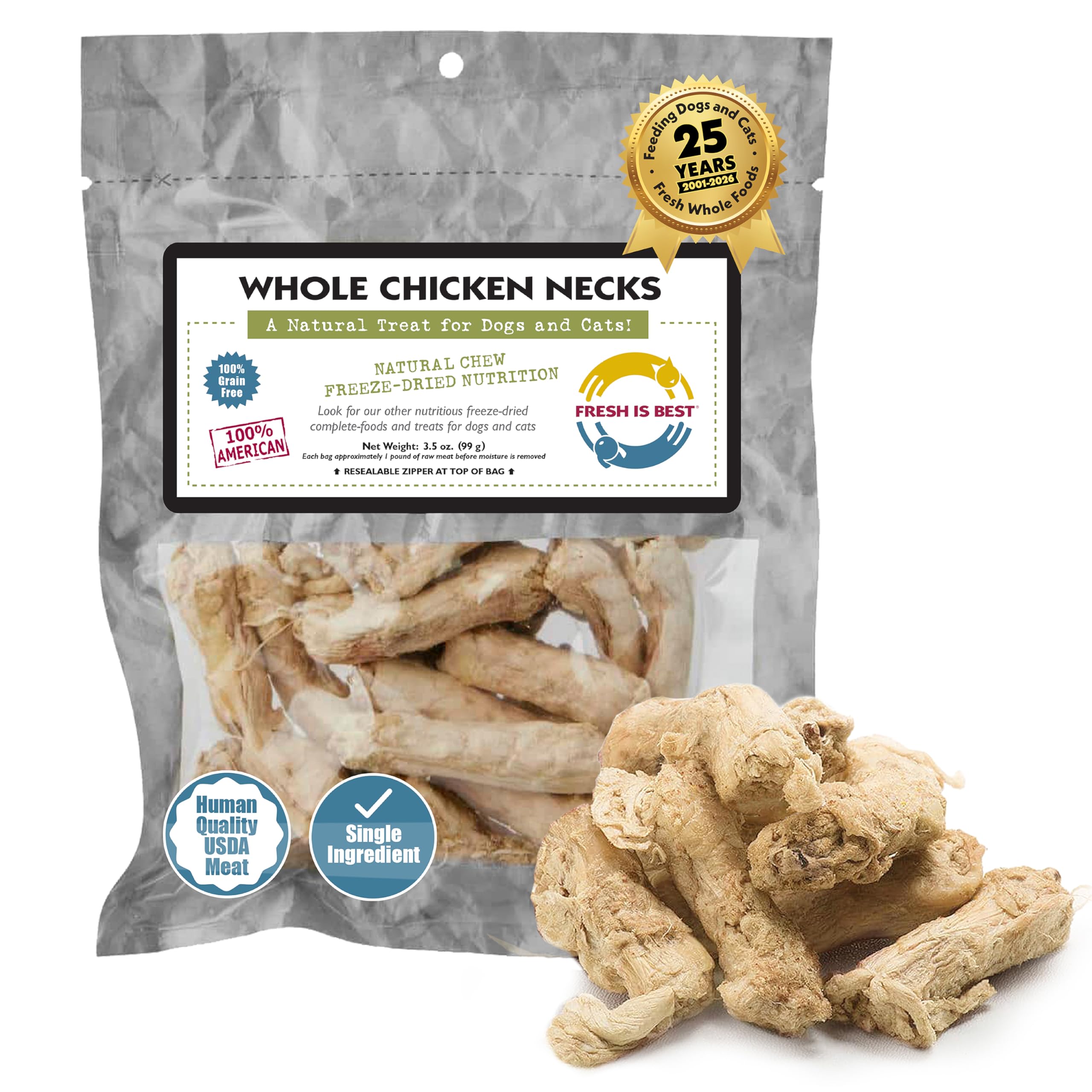 Fresh Is Best cuellos de pollo enteros liofilizados, snack crujiente de proteína.