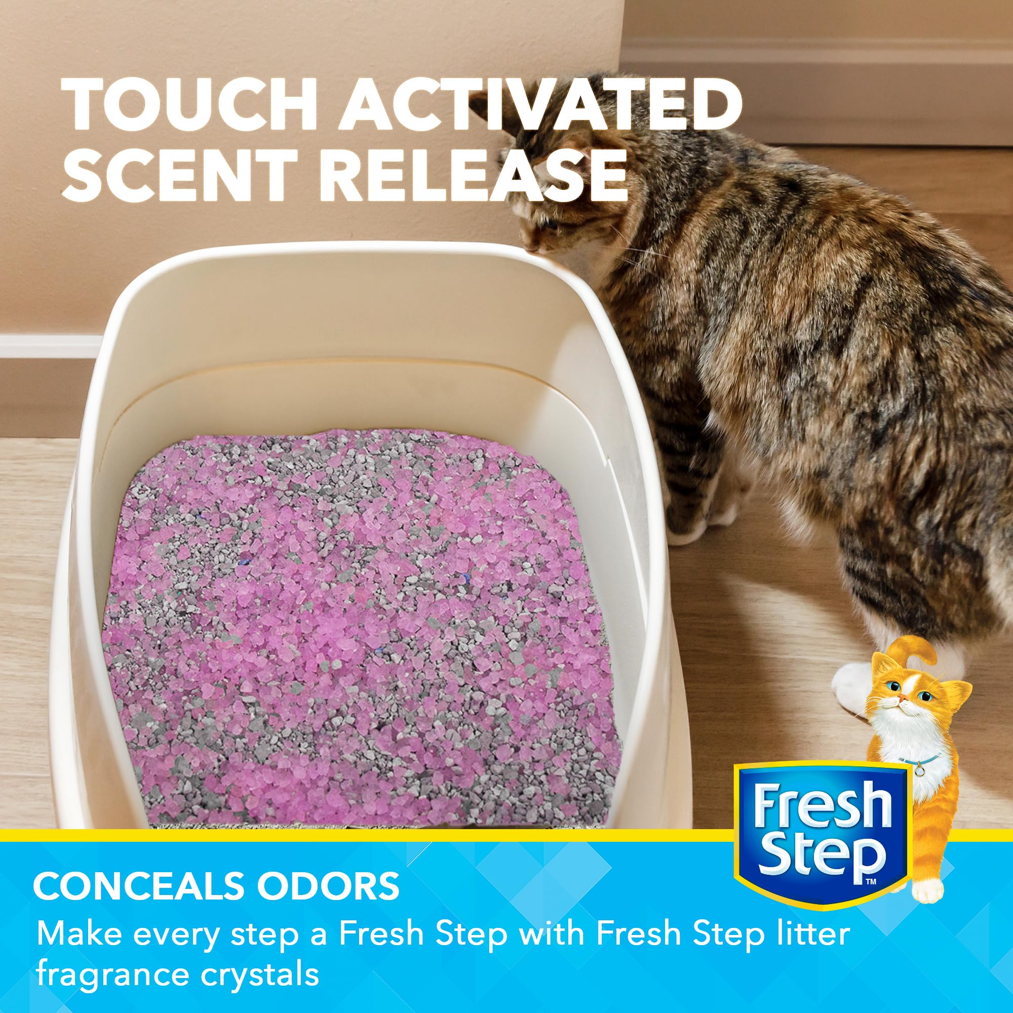 Fresh Step cristales secos para caja de arena, evitan desorden.