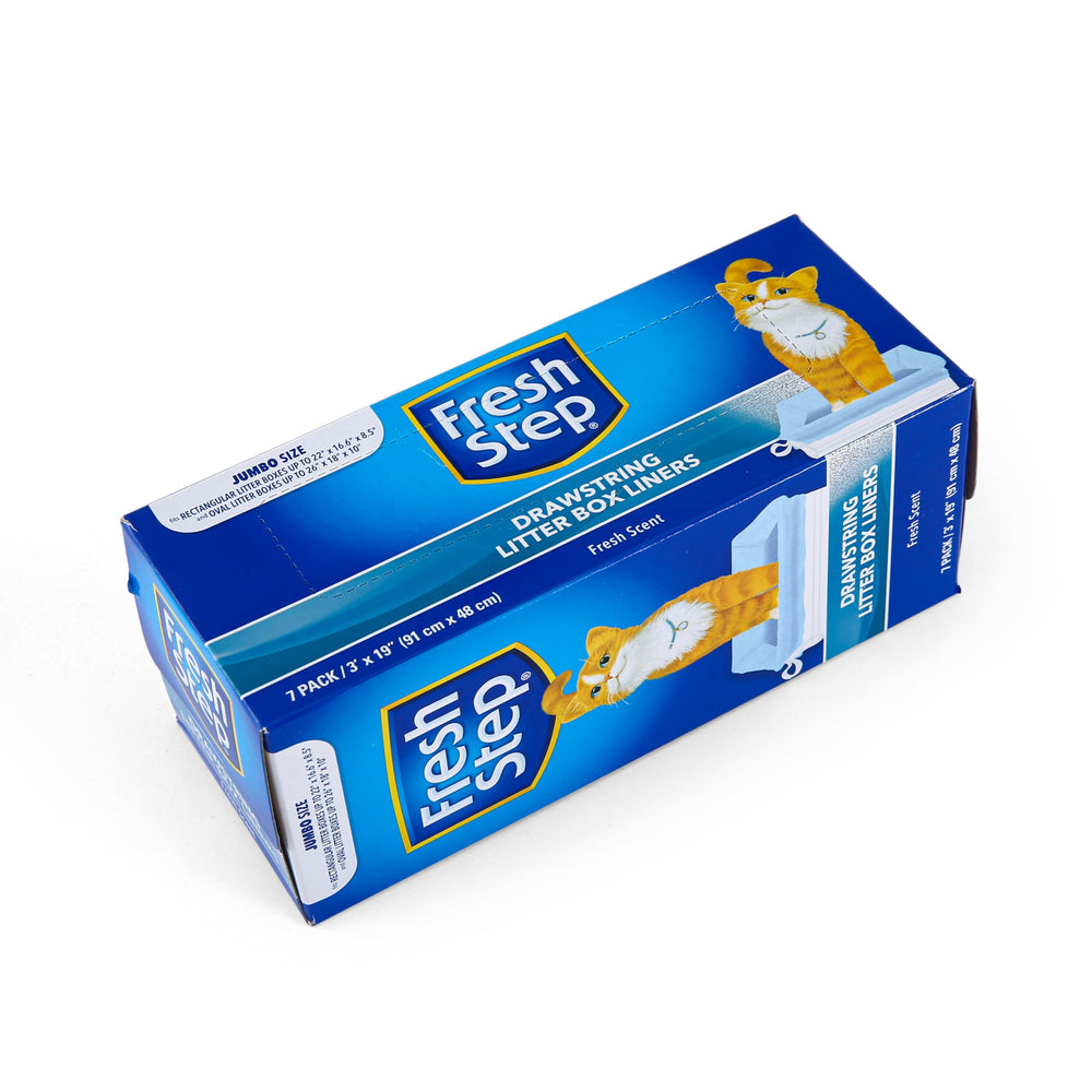 Siete bolsas por caja Fresh Step, tamaño 36x19 pulgadas.