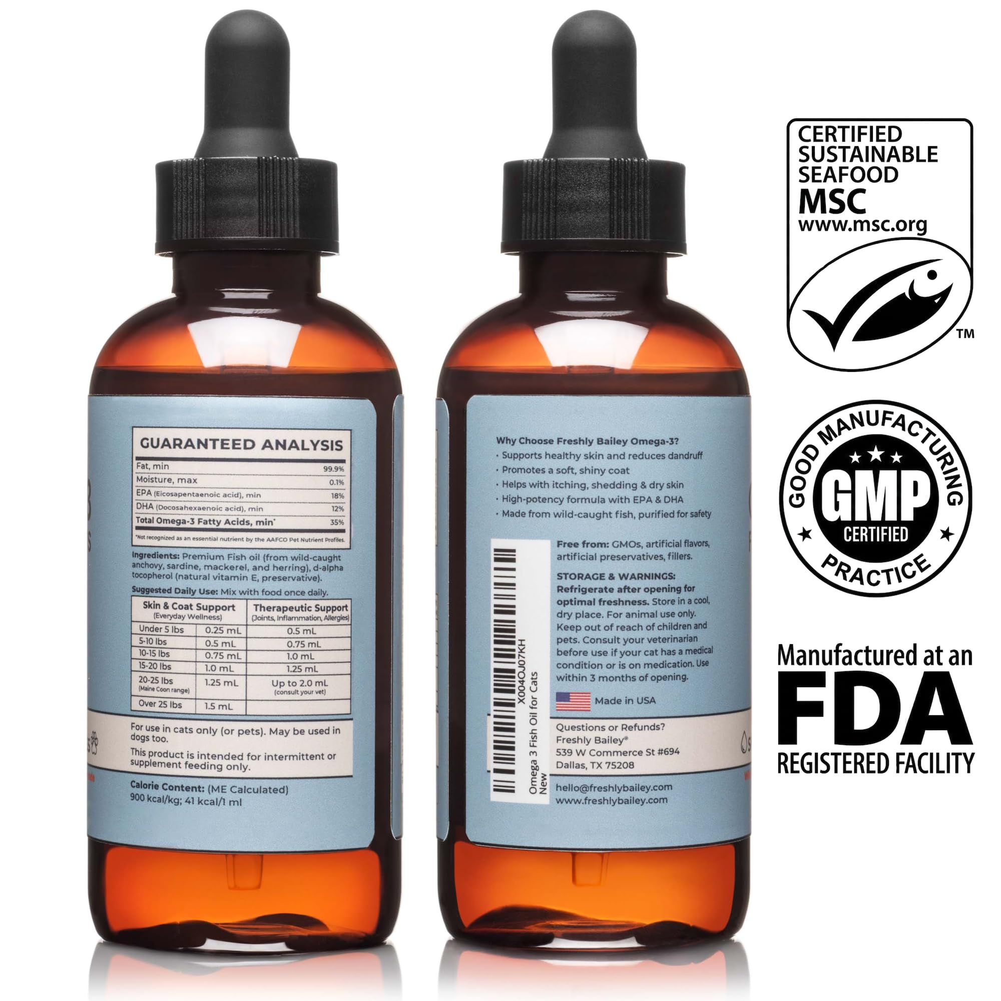 Freshly Bailey Omega3 cat ingredients label highlights wild-caught fish and non-GMO.