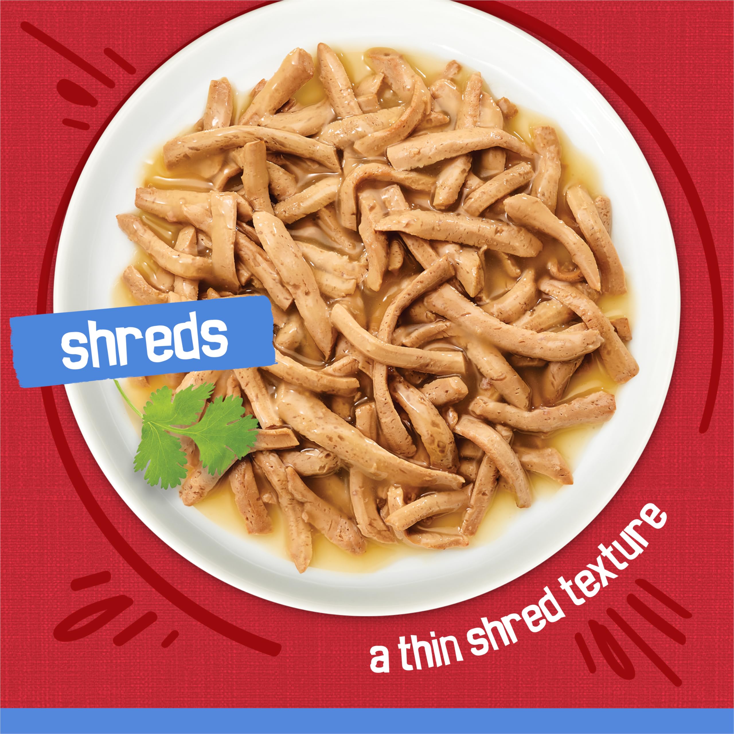 Friskies ternera en salsa deshilachada, trozos que facilitan comer.