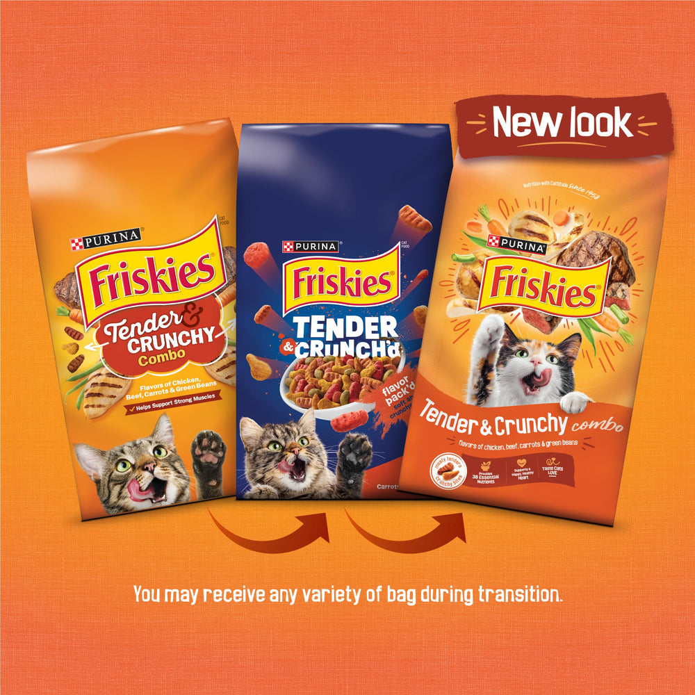 Friskies bocados crujientes con res y pollo, zanahorias y judías.